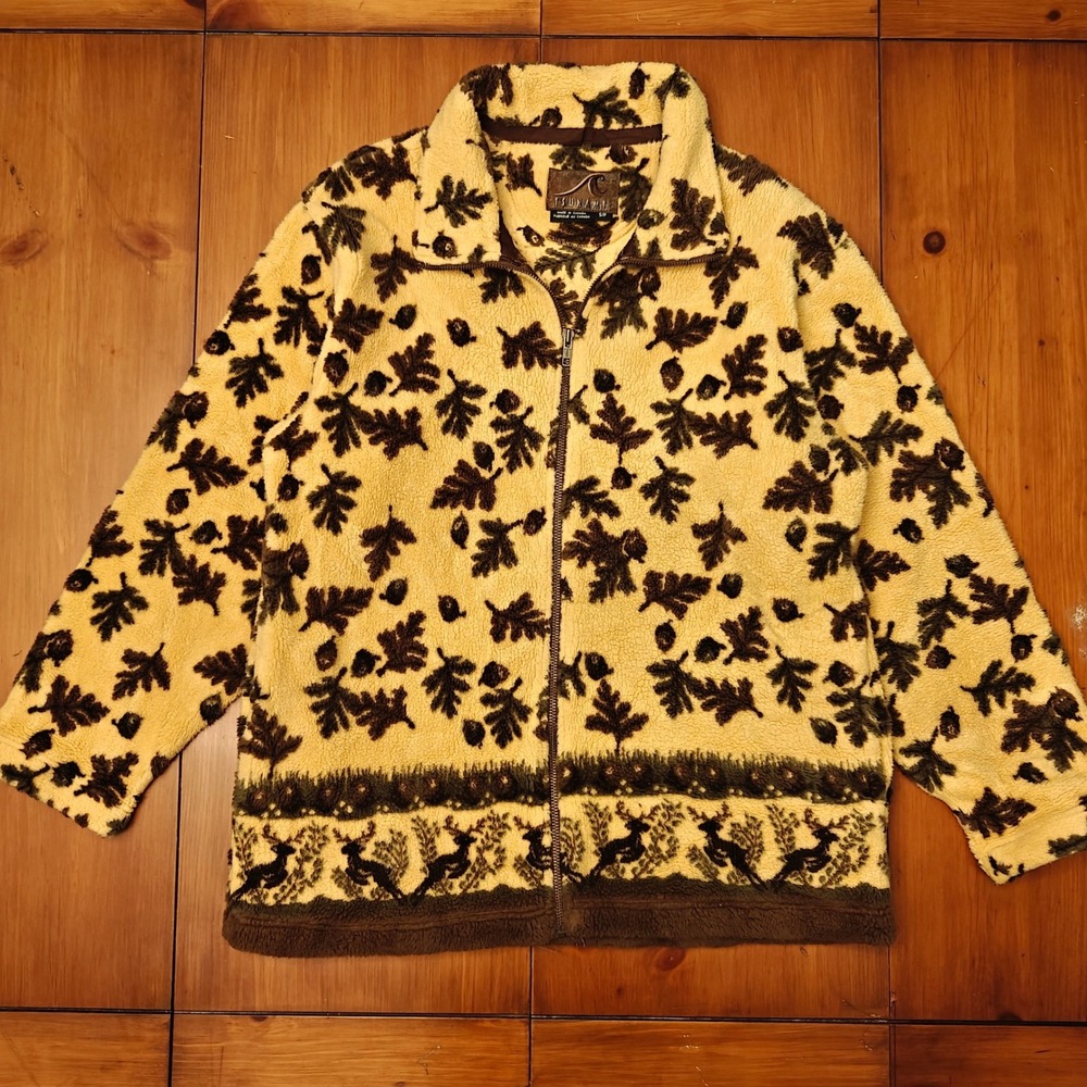 Tsunami Sherpa Full-Zip Jacket Yellow Tan Reindeer Leaf Women's S Oversized VTG